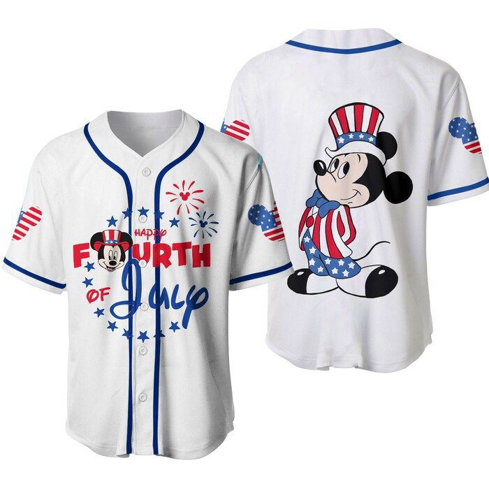 Mickey Mouse Happy 4th Of July White Blue Disney Unisex Cartoon Graphics Casual Outfits Custom Baseball Jersey Gifts for Fans - lylyprint.com