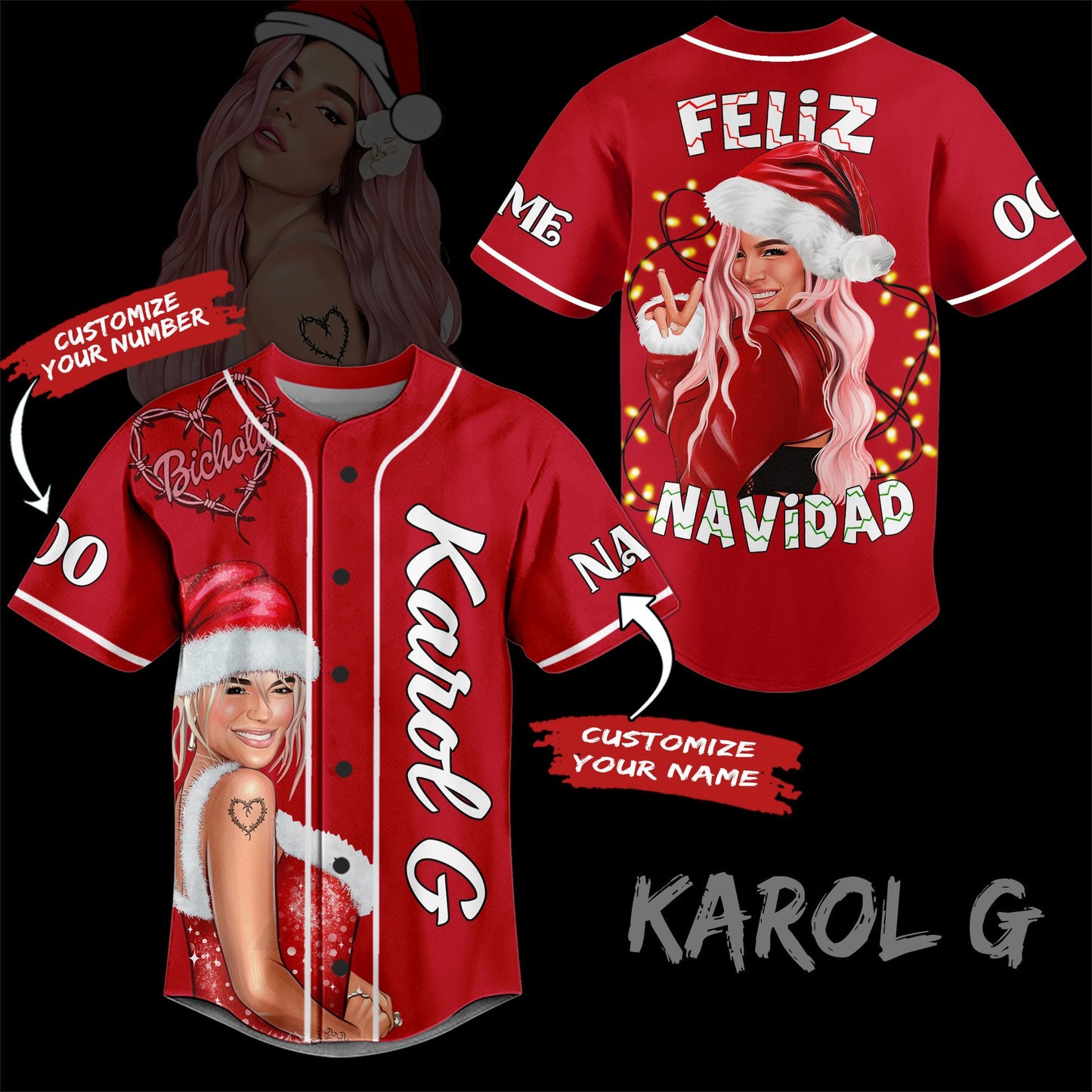 Personalized Bichota Karol G Red Christmas Baseball Jersey
