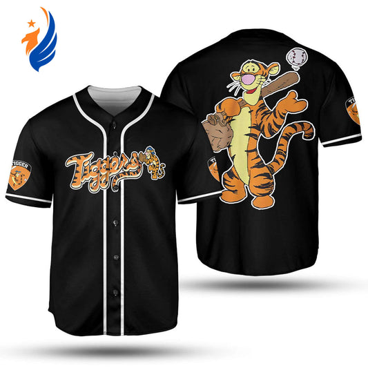 Tigger Winnie Pooh Baseball Player Jersey - Disney Cartoon Graphics - Unisex Black Baseball Shirt - Bafud